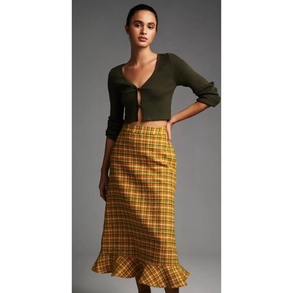 Anthropologie English Factory Midi Skirt Yellow Green Plaid Preppy Small New - Picture 3 of 15